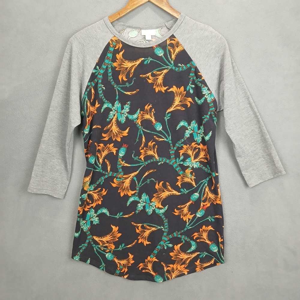 LulaRoe Randy T Shirt Women Small Multicolor Floral Ribbed Round Neck 3/4 Sleeve